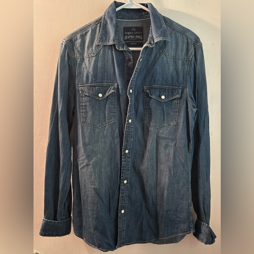 Angelo Litrico Denim Blue, Pearl Snap Shirt Slim Fit Size S (38”X29”)